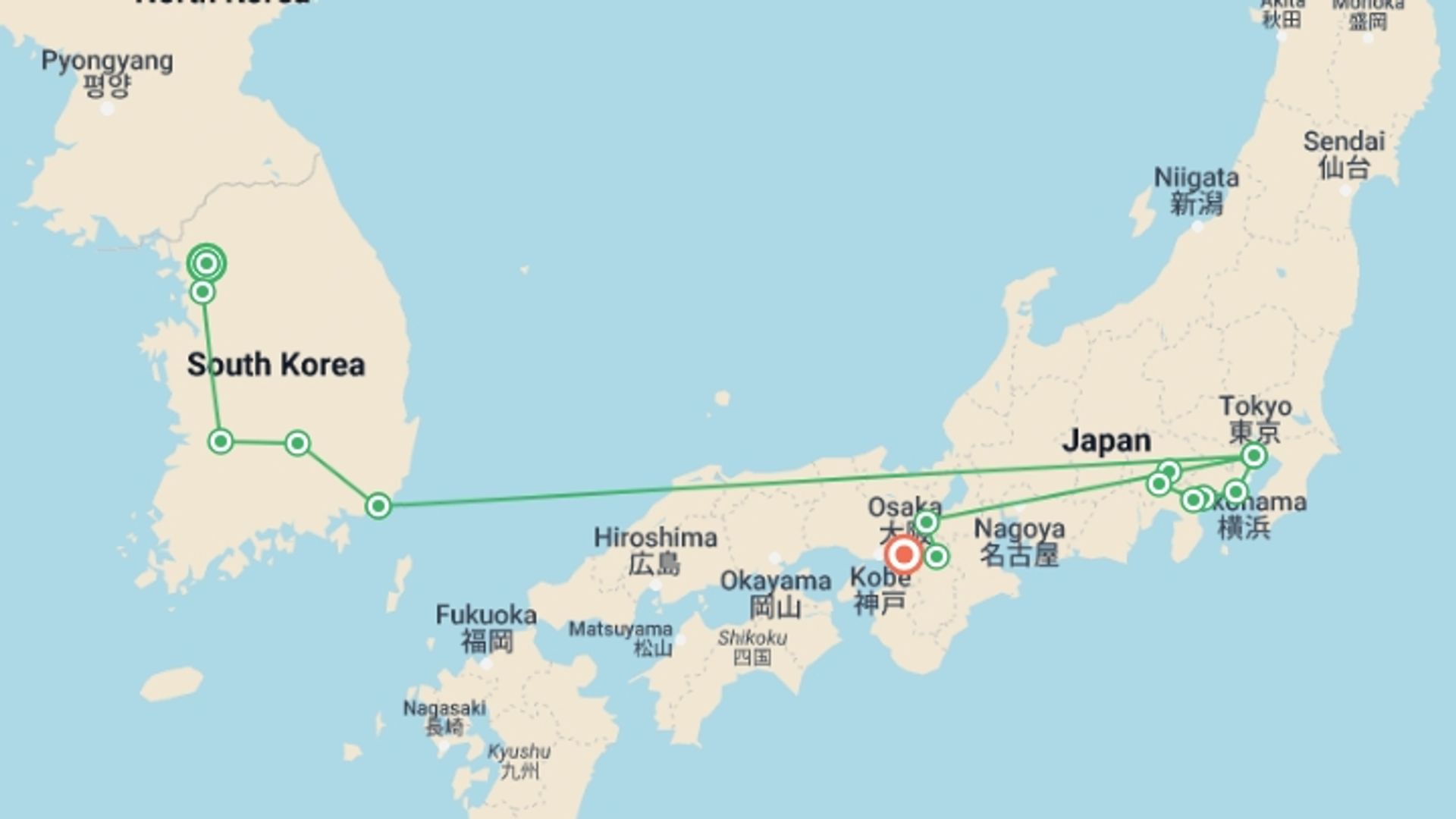 A map showing the tour itinerary for the trip: Korean Snapshots and Japan with Hakone, starting in Seoul, South Korea and ending in Osaka, Japan going through 5 other destinations.