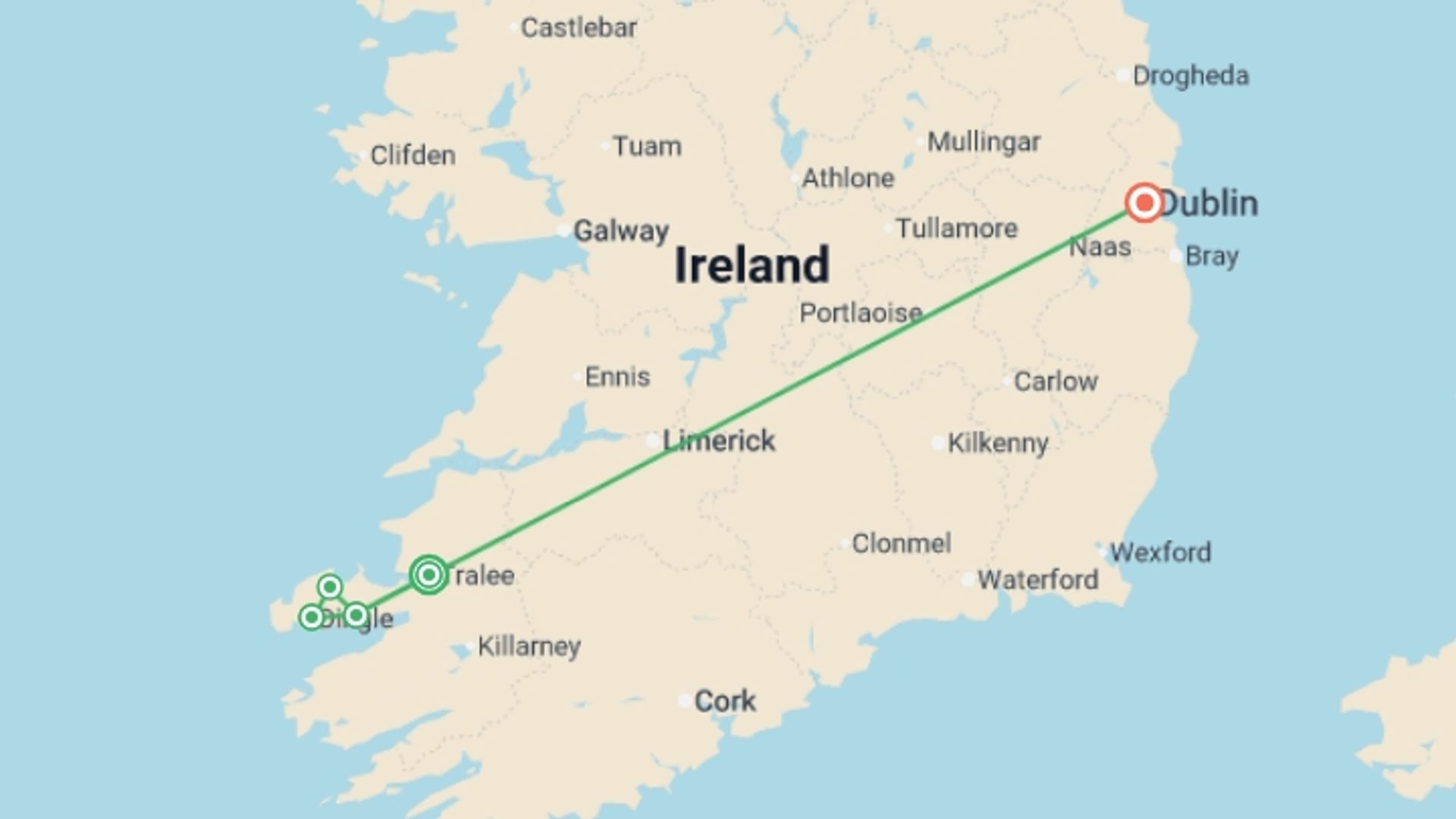 A map showing the tour itinerary for the trip: Dingle Peninsula Walk, starting in Tralee, Ireland and ending in Dublin, Ireland going through 3 other destinations.