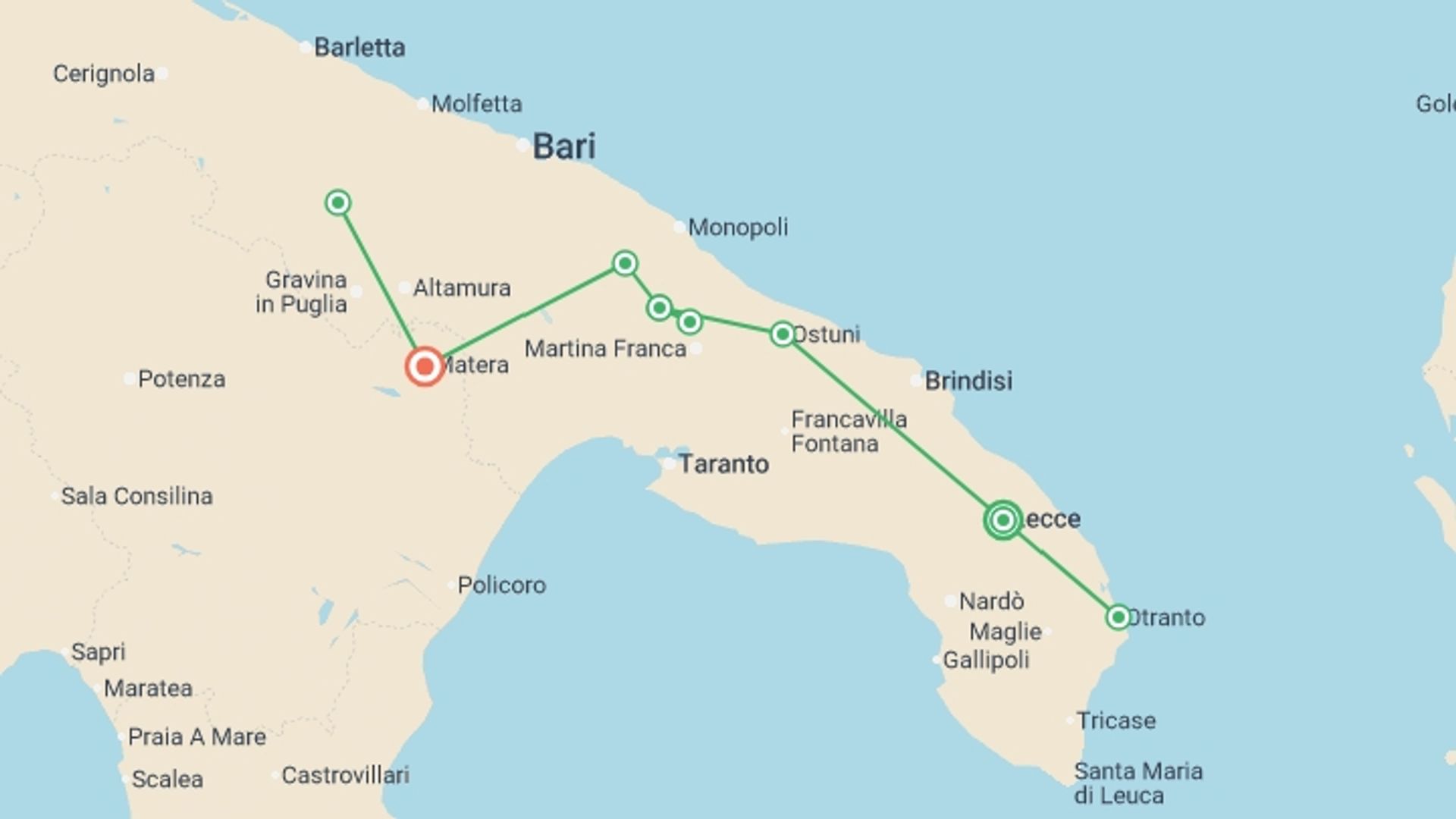 A map showing the tour itinerary for the trip: Puglia Guided Walk, starting in Lecce, Italy and ending in Matera, Italy going through 2 other destinations.