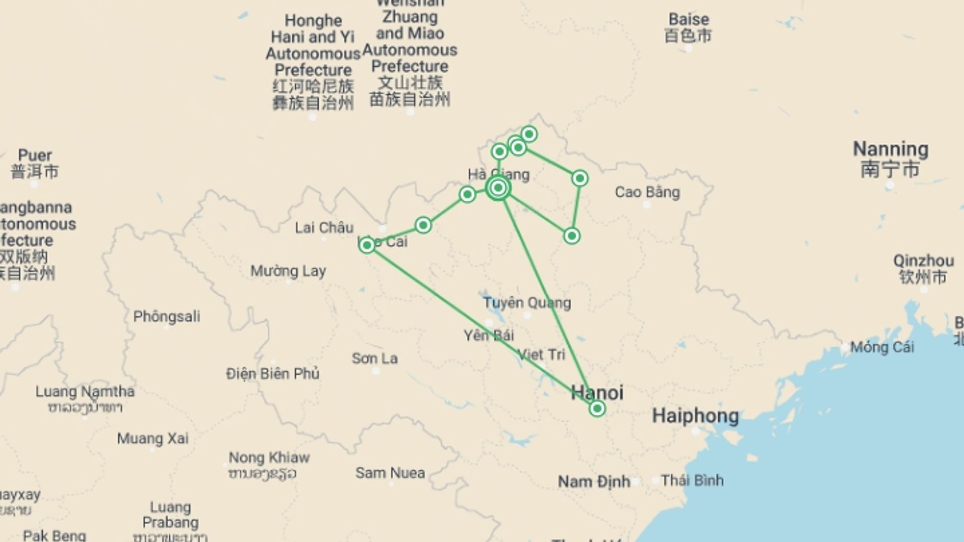 A map showing the tour itinerary for the trip: Vietnam’s Great Motorbike Trails 7 Days 7 Nights, starting in Ha Giang, Vietnam and ending in Ha Giang, Vietnam going through 6 other destinations.