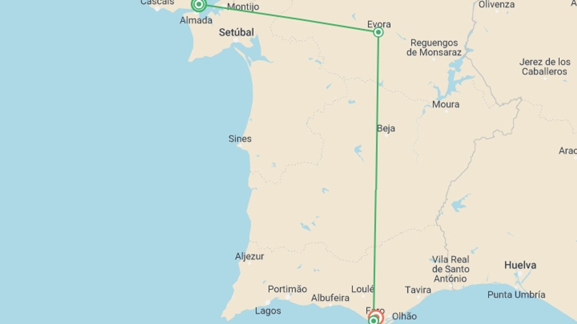 A map showing the tour itinerary for the trip: Lisbon & the Algarve Private Getaway, starting in Lisbon, Portugal and ending in Faro, Portugal going through 2 other destinations.