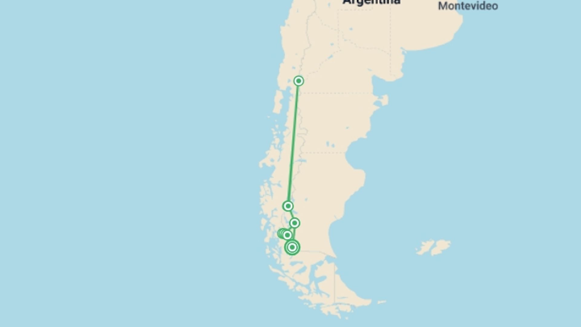 A map showing the tour itinerary for the trip: Patagonia Classic Trek 12 days, starting in Puerto Natales, Chile and ending in Puerto Natales, Chile going through 12 other destinations.