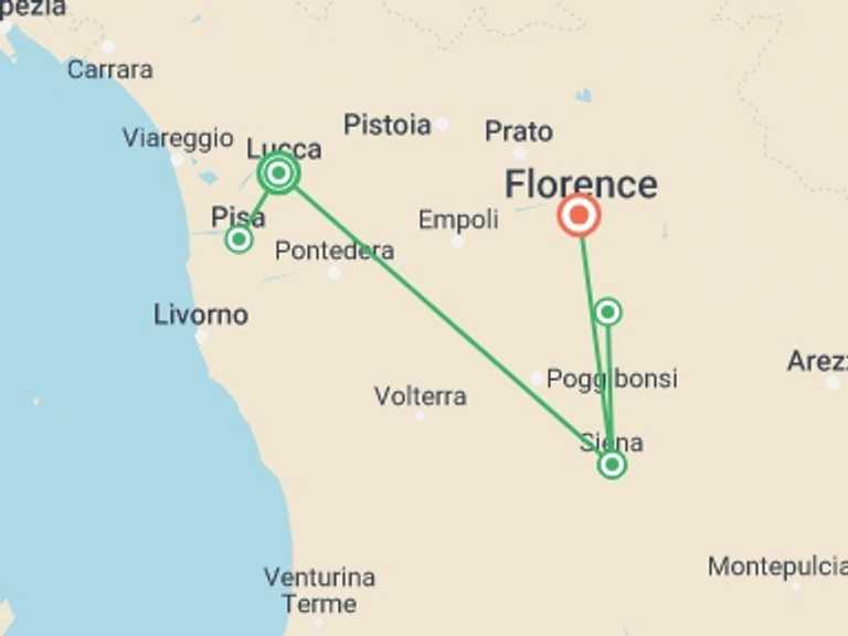Map of 8-Day Florence Tour with 3 destination visits for the trip: Tuscany Highlights, Private Tour