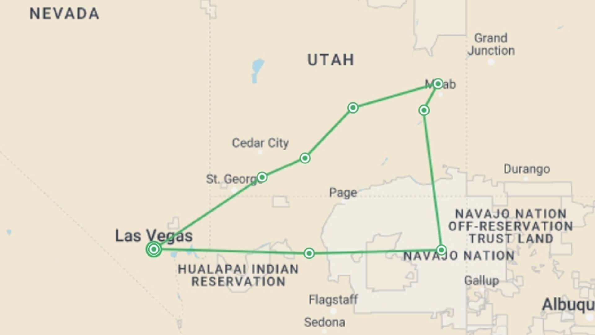 A map showing the tour itinerary for the trip: Deserts and Canyons of the Southwest, starting in Las Vegas, USA and ending in Las Vegas, USA going through 7 other destinations.