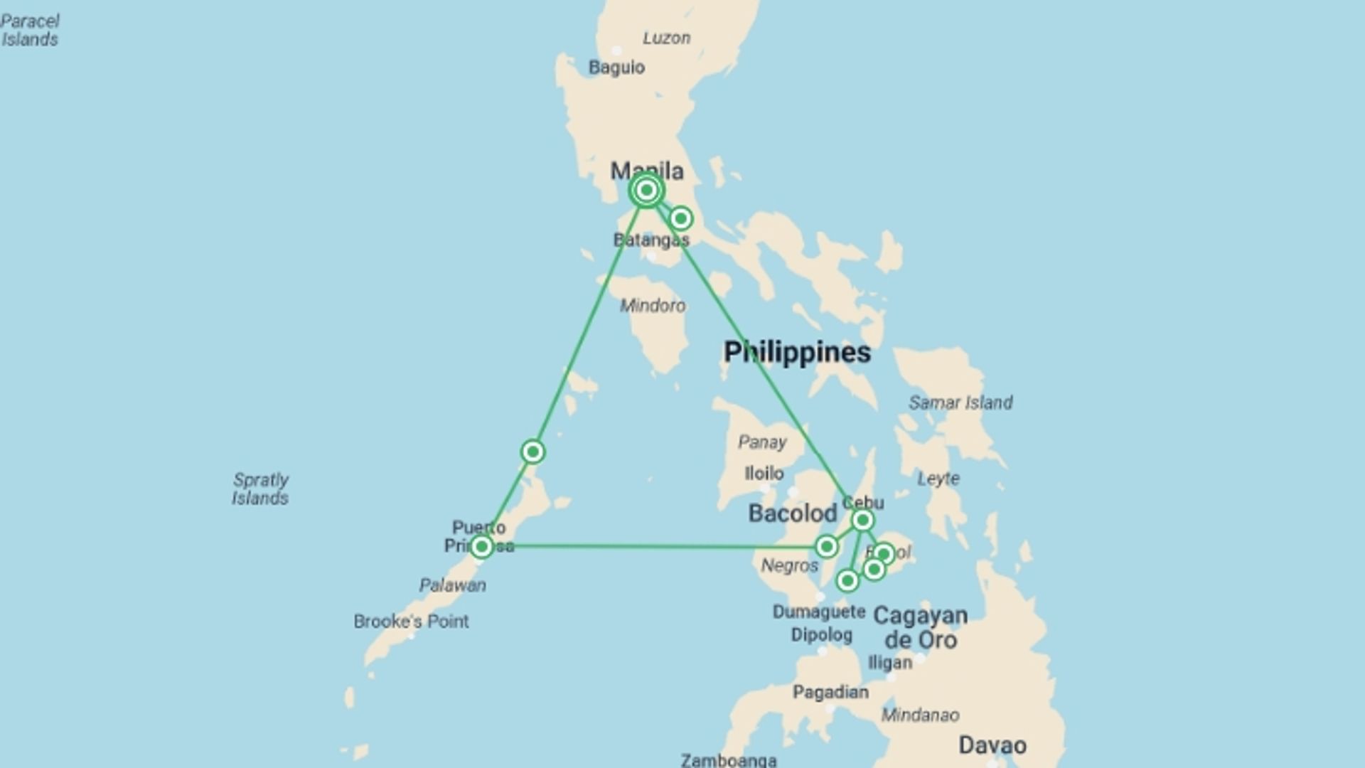 A map showing the tour itinerary for the trip: Island Odyssey: 13 Days of Philippines' Wonders, starting in Manila, Philippines and ending in Manila, Philippines going through 9 other destinations.