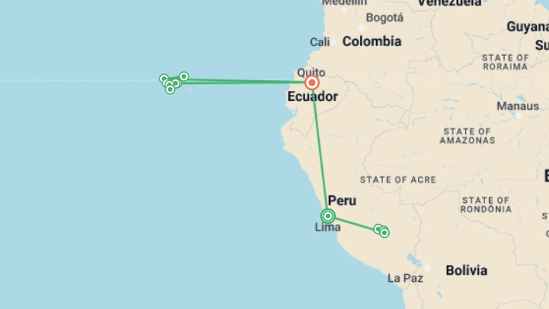A map showing the tour itinerary for the trip: Machu Picchu & the Galápagos Islands aboard the Yolita, starting in Lima, Peru and ending in Quito, Ecuador going through 10 other destinations.