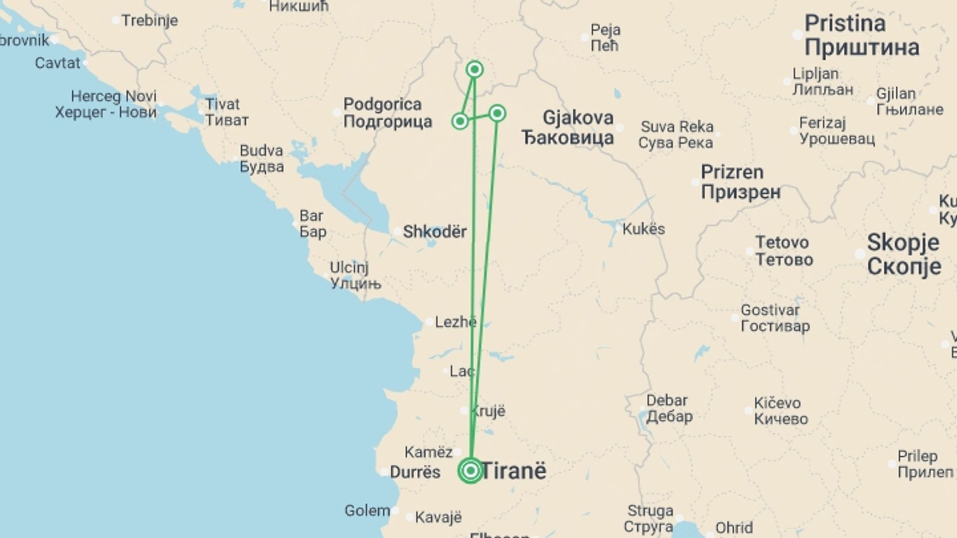 A map showing the tour itinerary for the trip: Hike the Albanian Alps, starting in Tirana, Albania and ending in Tirana, Albania going through 3 other destinations.