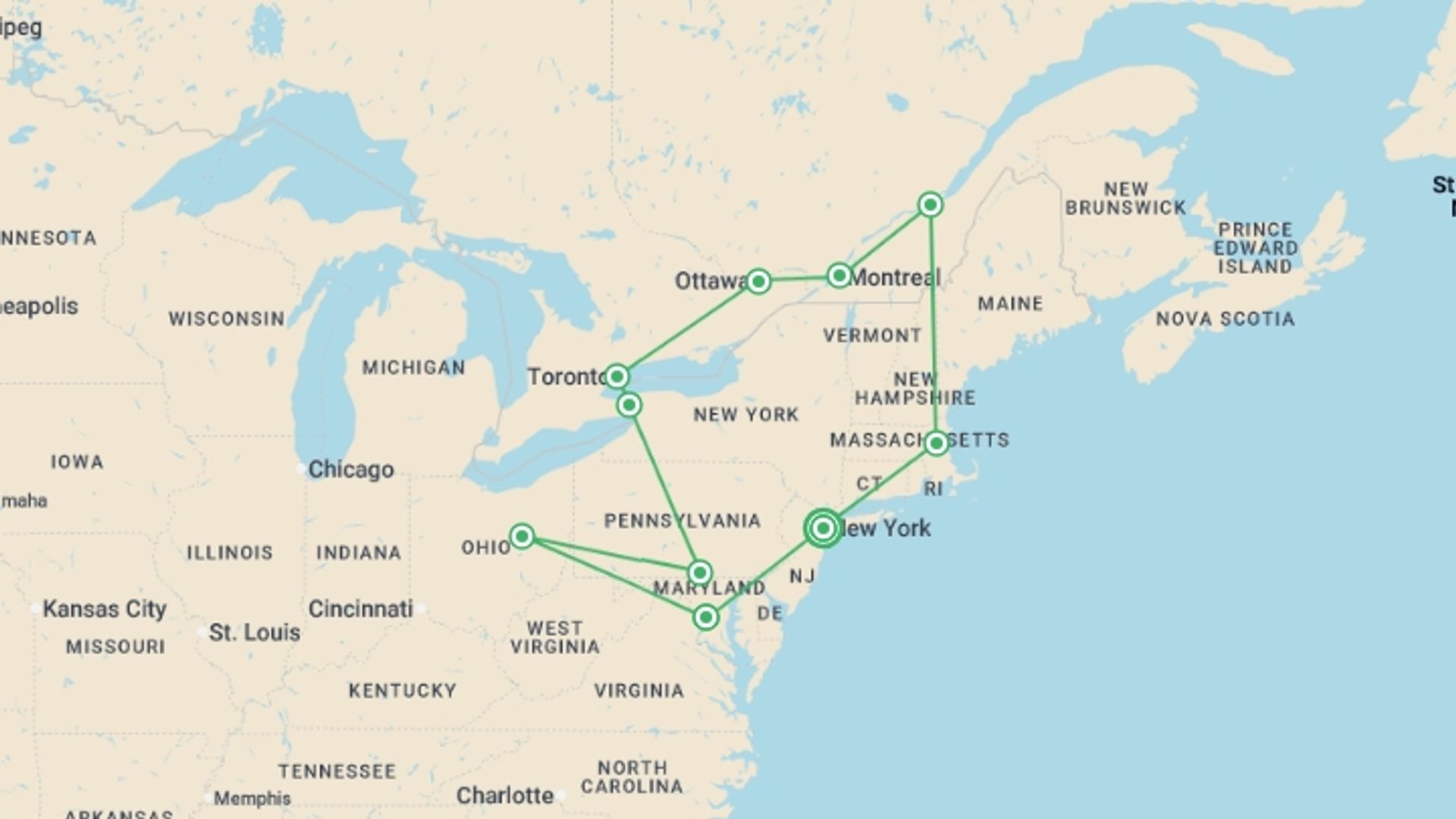 A map showing the tour itinerary for the trip: Eastern Discovery, starting in New York, USA and ending in New York, USA going through 7 other destinations.
