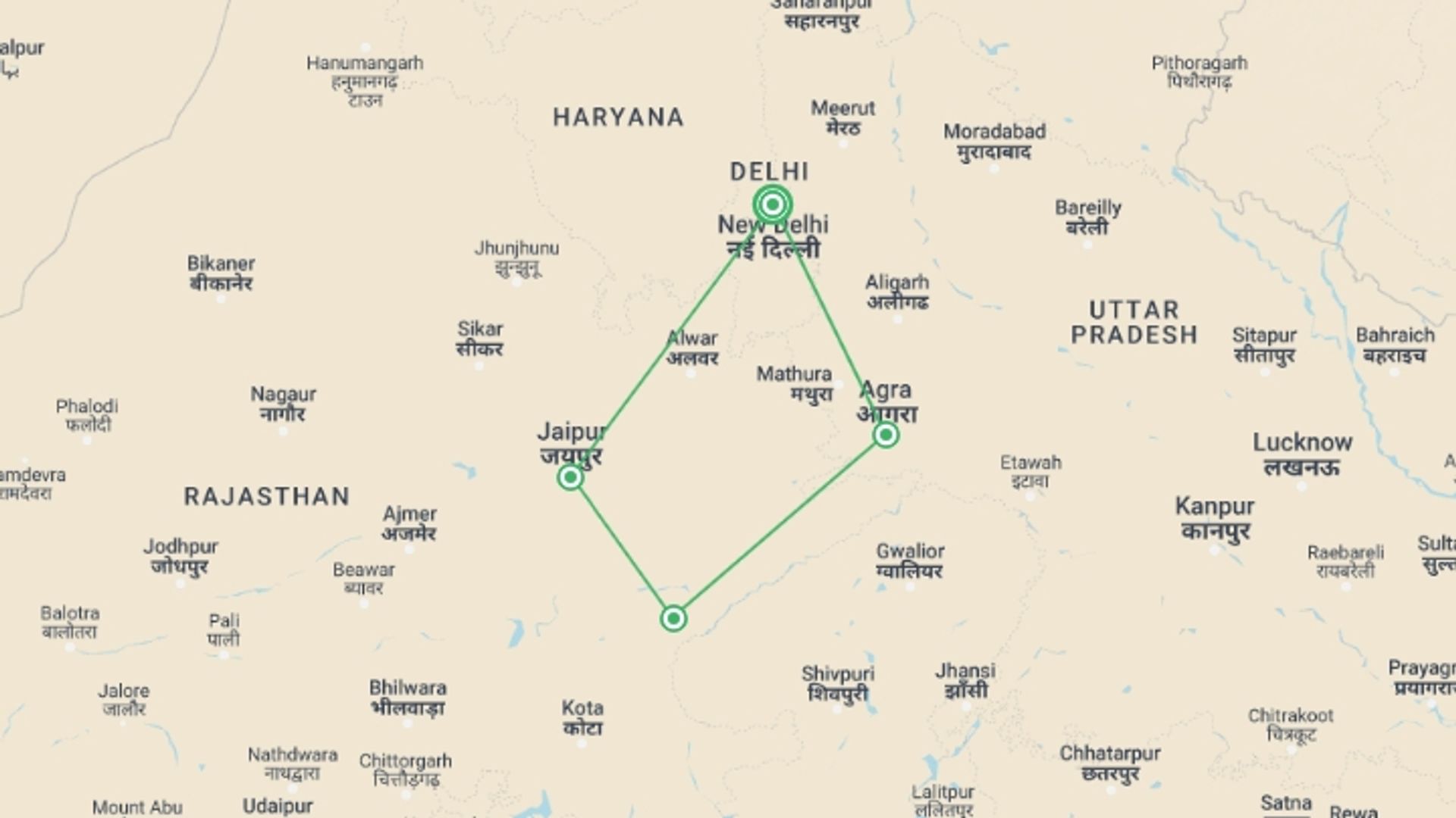A map showing the tour itinerary for the trip: Best of North India, starting in New Delhi, India and ending in New Delhi, India going through 4 other destinations.