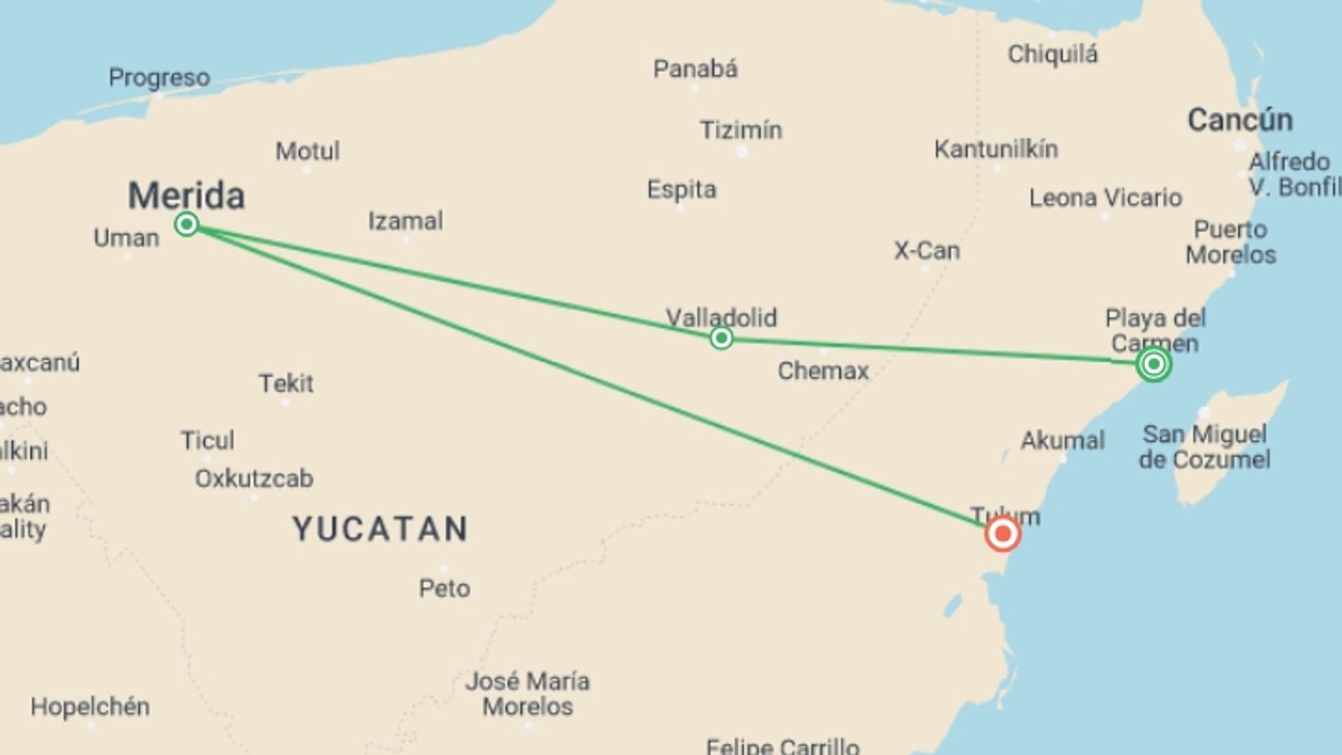 A map showing the tour itinerary for the trip: Mexico's Yucatán Peninsula: Mayan Ruins & Cenotes, starting in Playa Del Carmen, Mexico and ending in Tulum, Mexico going through 2 other destinations.