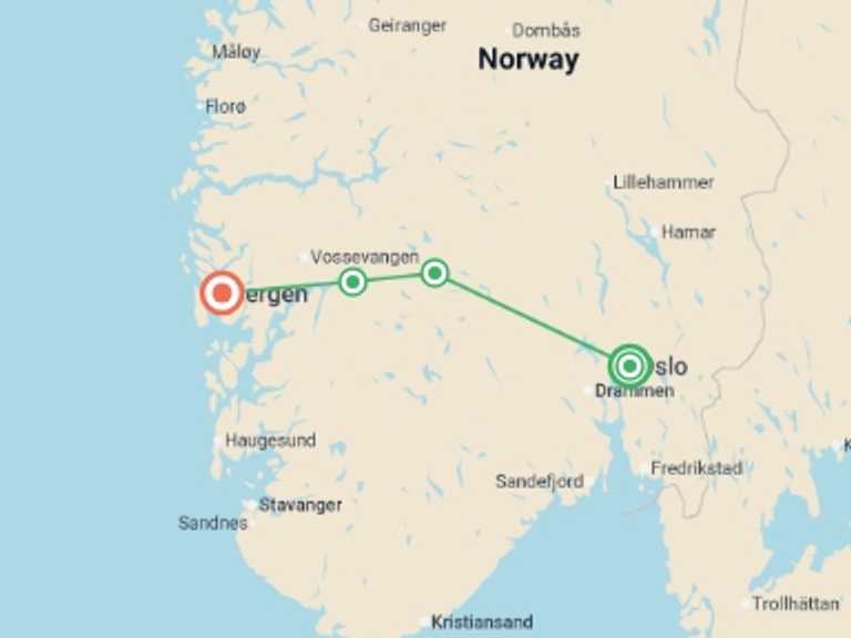 Map itinerary of Norway Tour in Winter with 4 destination visits for the trip: Oslo to Bergen Self Drive - 7 days