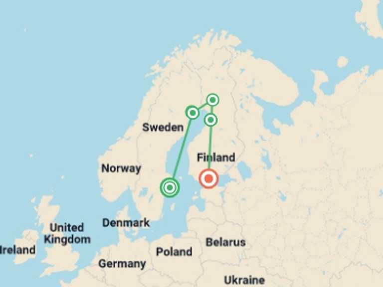 Map of Europe Tour with 5 destination visits for the trip: Lapland: Santa & Sledding