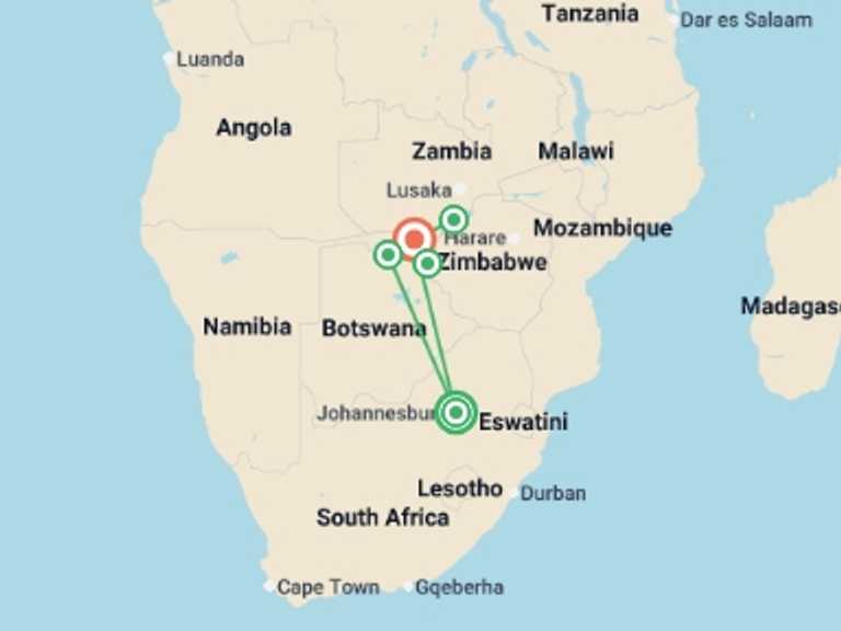 Map of Africa Tour with 5 destination visits for the trip: Wilderness of Southern Africa: Safari by Land & Water 