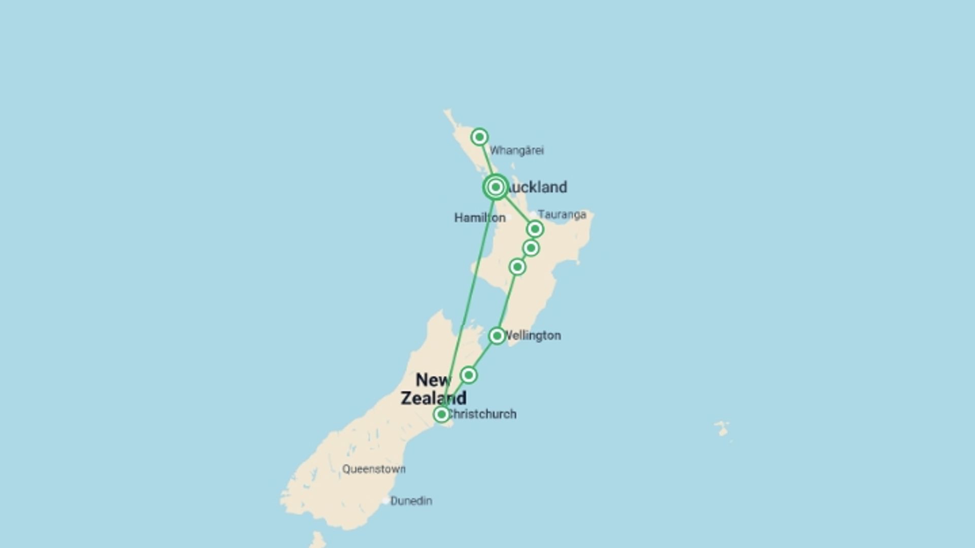 A map showing the tour itinerary for the trip: New Zealand: Northern Choice, starting in Auckland, New Zealand and ending in Auckland, New Zealand going through 7 other destinations.