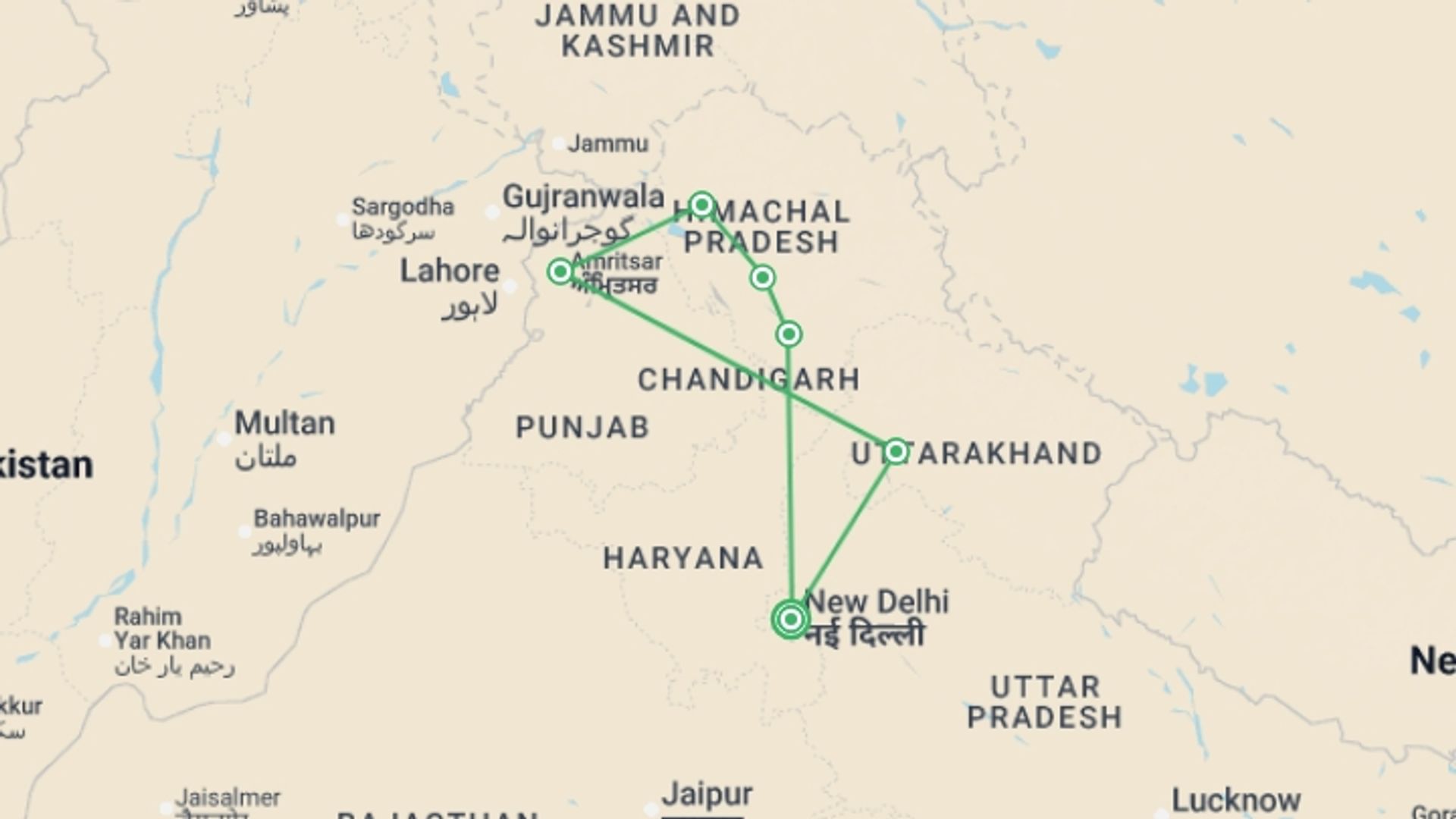 A map showing the tour itinerary for the trip: Mountains & Mystics of India, starting in New Delhi, India and ending in New Delhi, India going through 5 other destinations.
