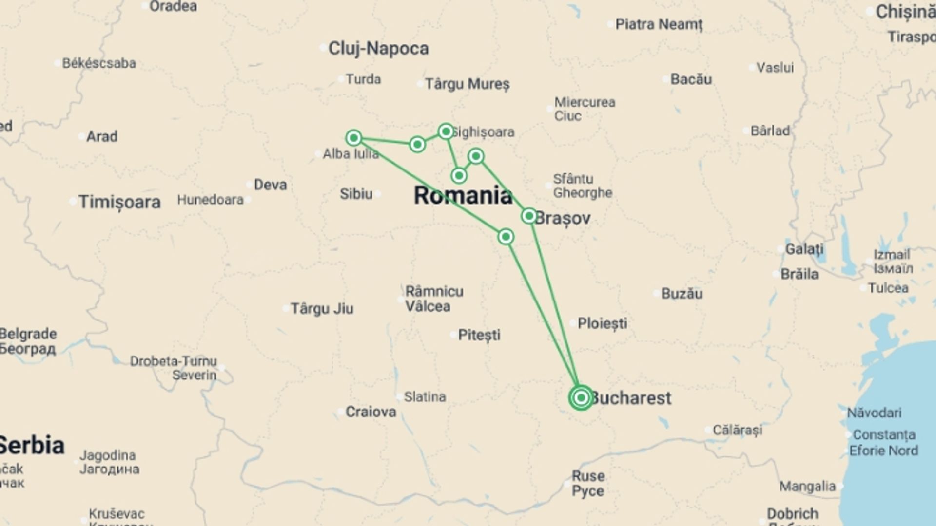 A map showing the tour itinerary for the trip: Cycle Romania, starting in Bucharest, Romania and ending in Bucharest, Romania going through 8 other destinations.