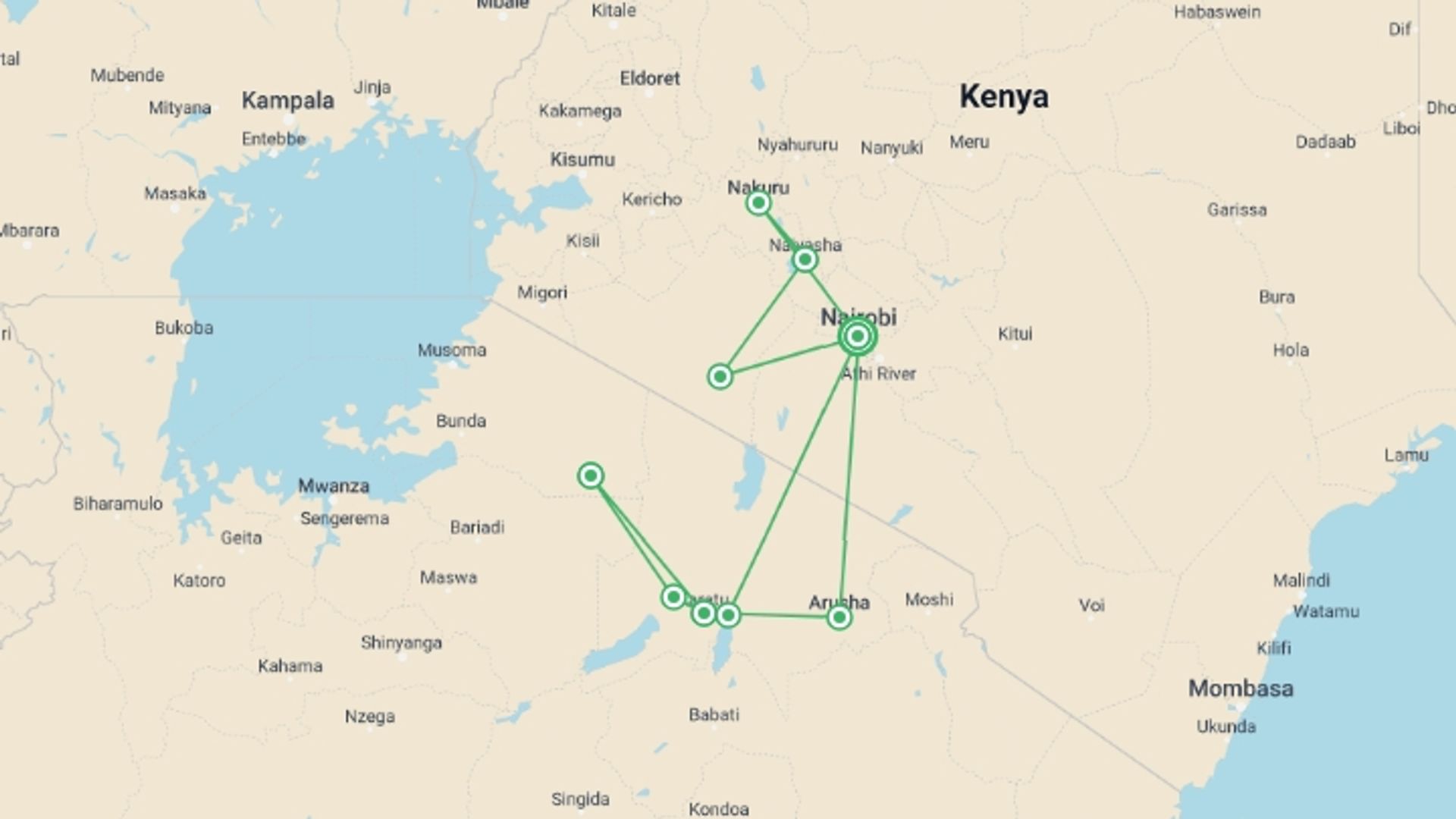 A map showing the tour itinerary for the trip: Kenya and Tanzania Family Safari, starting in Nairobi, Kenya and ending in Nairobi, Kenya going through 8 other destinations.