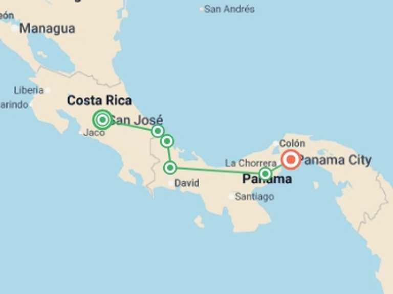 Map of a Explorer Tour with 6 destination visits for the trip: Costa Rica to Panama: Surf, Treks & Starry Skies