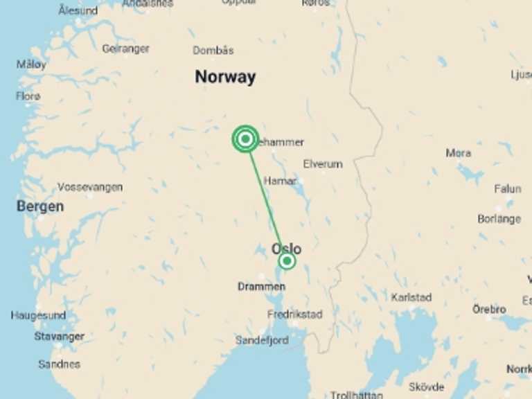 Map of 8-Day Scandinavia Tour with 2 destination visits for the trip: Cross-Country Skiing in Venabu