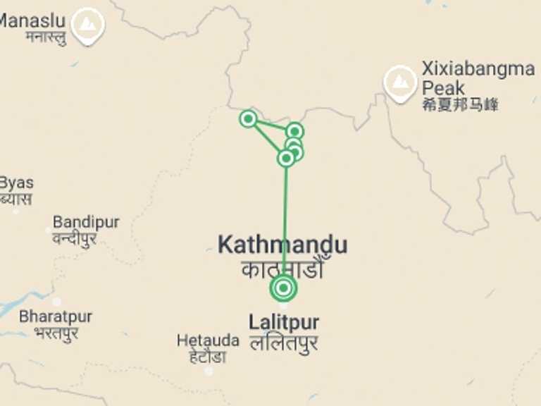 Map of 9-Day Kathmandu Tour with 8 destination visits for the trip: Tamang Heritage Trail Trekking 