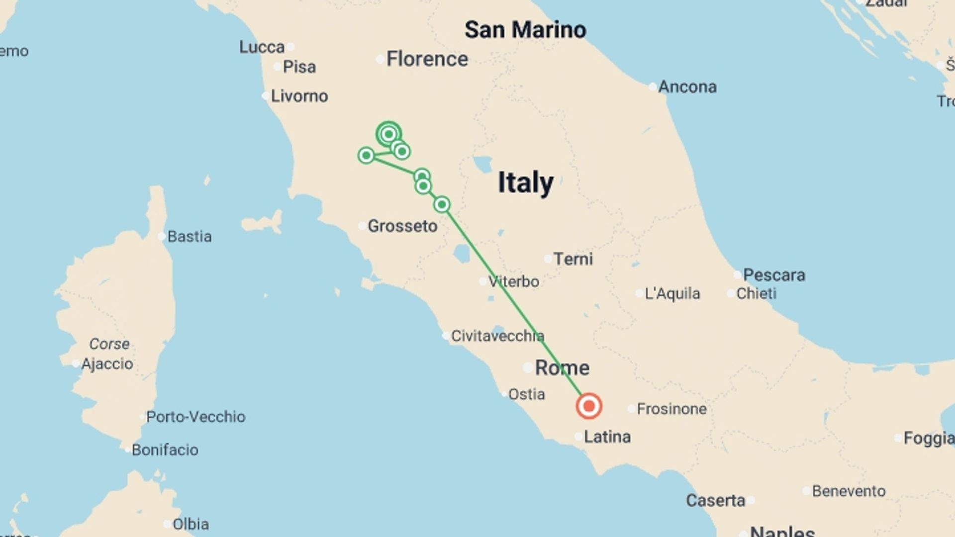 A map showing the tour itinerary for the trip: Via Francigena: Southern Tuscany from Siena, starting in Siena, Italy and ending in Lazio, Italy going through 6 other destinations.