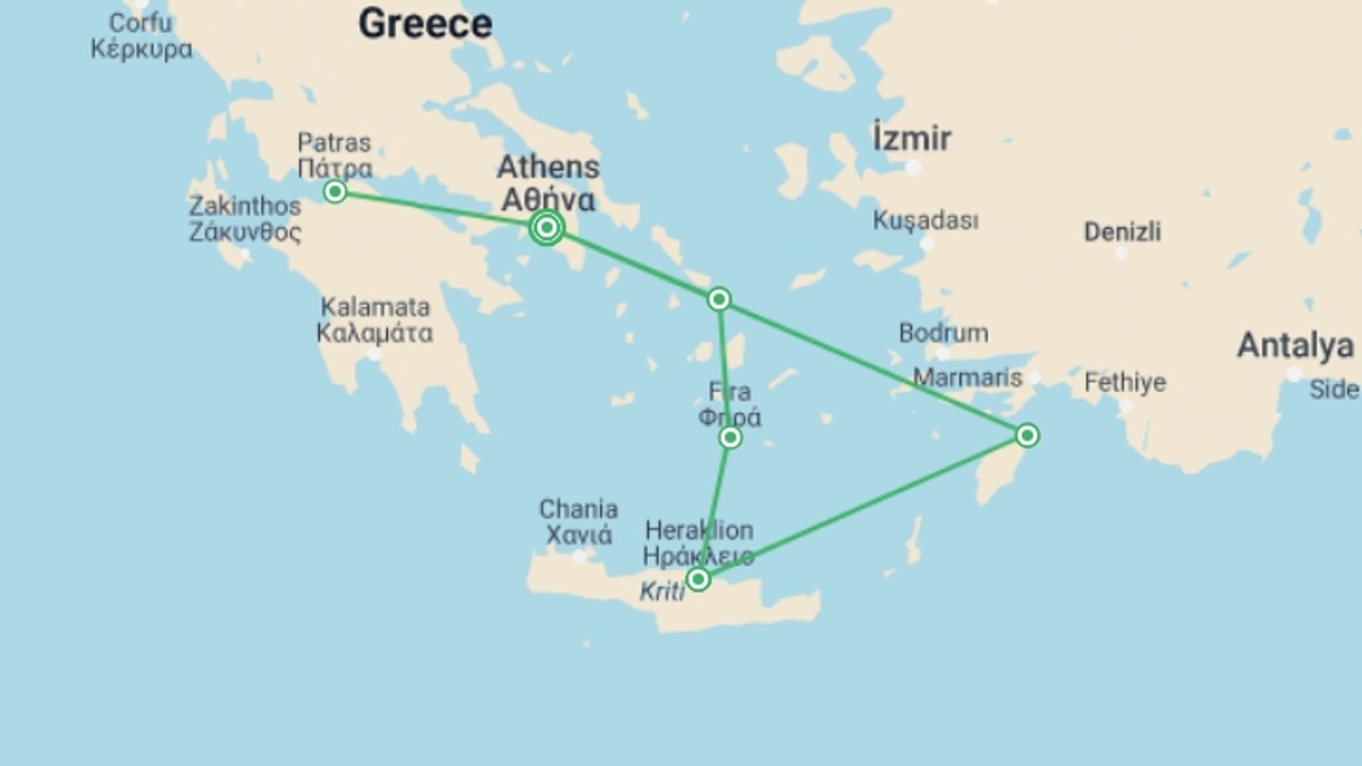 A map showing the tour itinerary for the trip: The Big Greek Wedding, starting in Athens, Greece and ending in Athens, Greece going through 5 other destinations.