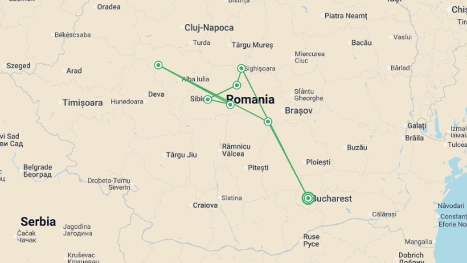 A map showing the tour itinerary for the trip: Cycle Romania, starting in Bucharest, Romania and ending in Bucharest, Romania going through 6 other destinations.