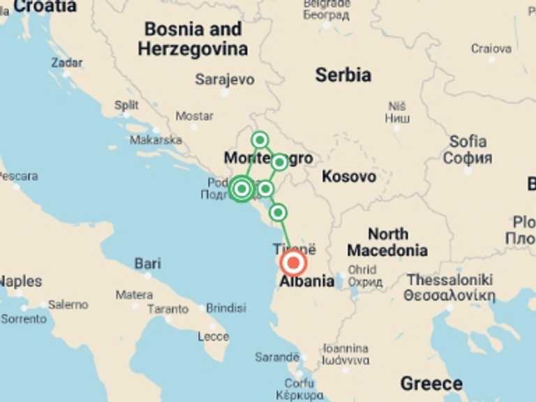 Map of 8-Day Kotor Tour with 6 destination visits for the trip: Highlights of Montenegro