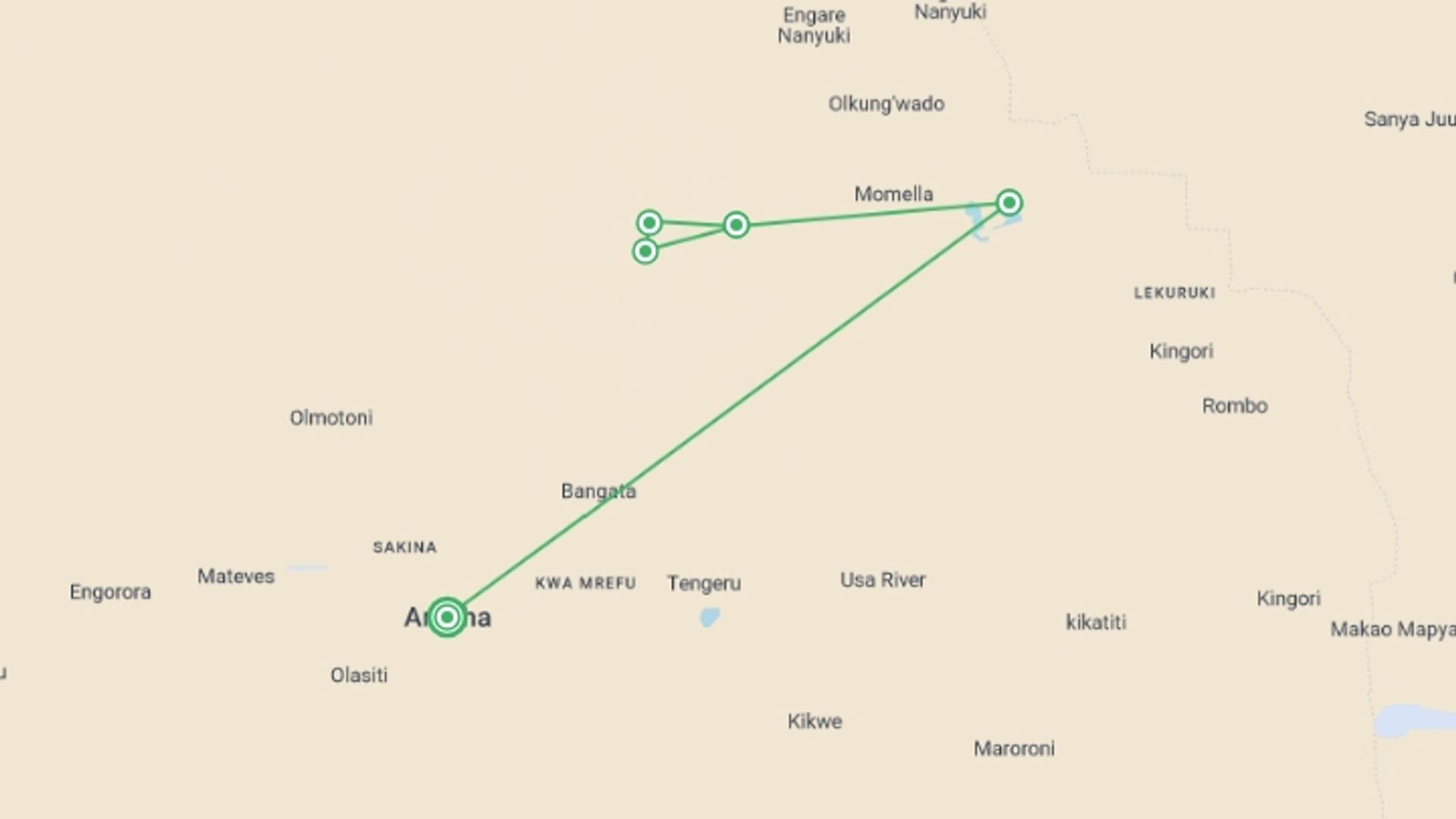A map showing the tour itinerary for the trip: 4-Day Mount Meru Trekking , starting in Arusha, Tanzania and ending in Arusha, Tanzania going through 3 other destinations.
