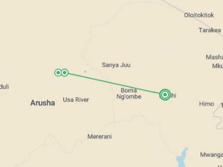 Map itinerary of Moshi Tour in April 2026 with 4 destination visits for the trip: 4 Days Trekking Adventure Mount Meru