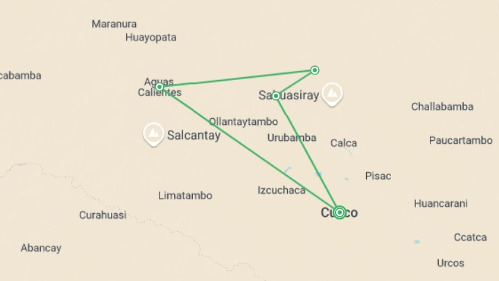 A map showing the tour itinerary for the trip: Lares Trek & Machu Picchu - 7 days, starting in Cusco, Peru and ending in Cusco, Peru going through 3 other destinations.