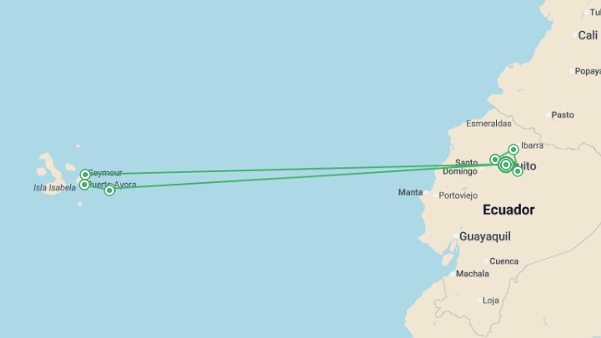 A map showing the tour itinerary for the trip: Ecuador & Galapagos Islands Explorer (Private) - 13 days, starting in Quito, Ecuador and ending in Quito, Ecuador going through 6 other destinations.