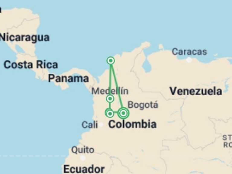 Map of South America Tour with 5 destination visits for the trip: Amazing Highlights of Colombia