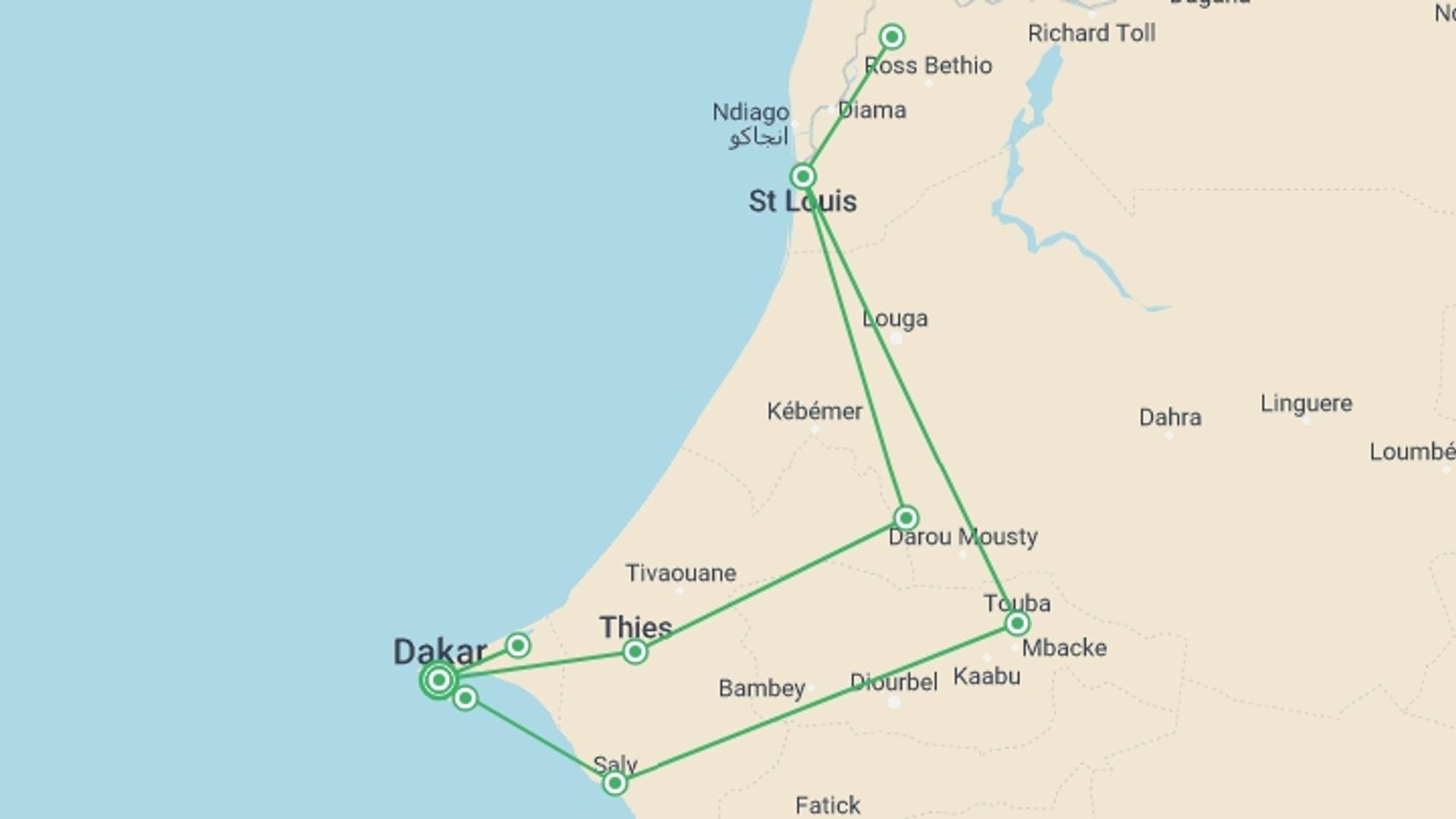 A map showing the tour itinerary for the trip: Discover Senegal in 7 Days, starting in Dakar, Senegal and ending in Dakar, Senegal going through 2 other destinations.