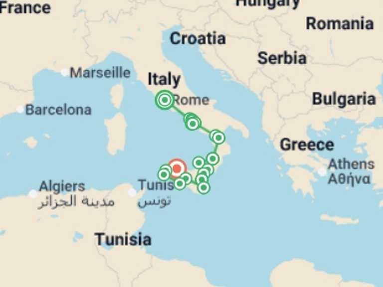 Map itinerary of Italy Tour in August 2027 with 13 destination visits for the trip: Rome to Sicily