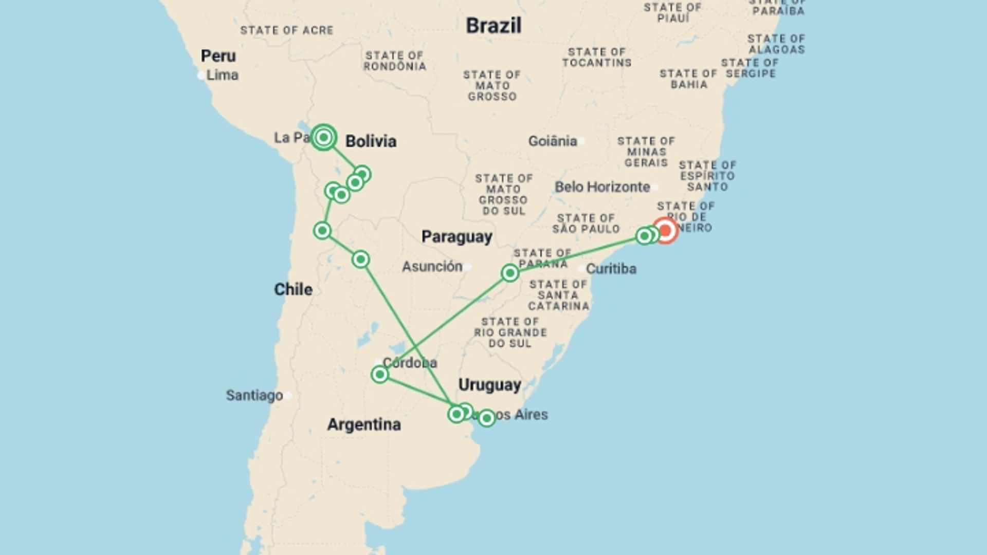 A map showing the tour itinerary for the trip: Bolivia to Brazil: Highlands & Coastlines, starting in La Paz, Bolivia and ending in Rio de Janeiro, Brazil going through 13 other destinations.