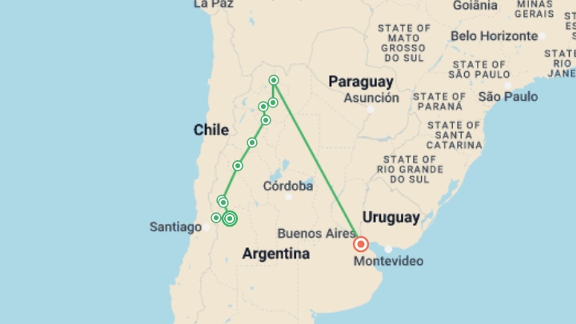 A map showing the tour itinerary for the trip: Wine and Landscapes of Argentina's Northwest, starting in Mendoza, Argentina and ending in Buenos Aires, Argentina going through 7 other destinations.