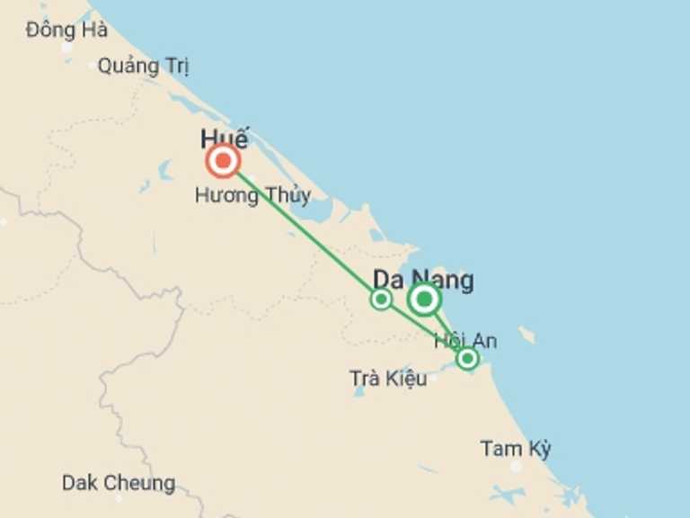 Map of Hoi An Countryside and village visits Tour with 3 destination visits for the trip: Vietnam Central Highlights