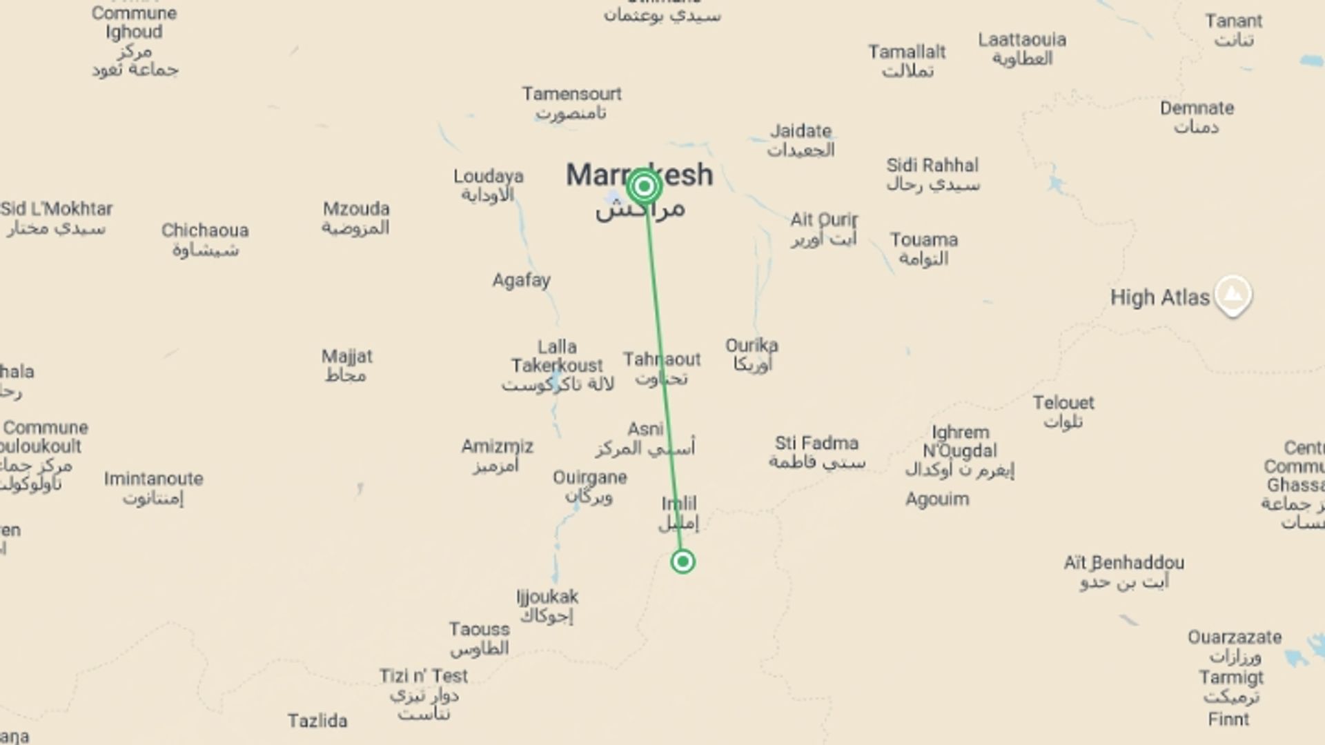 A map showing the tour itinerary for the trip: Toubkal Climb - Long Weekend, starting in Marrakech, Morocco and ending in Marrakech, Morocco going through 1 other destinations.