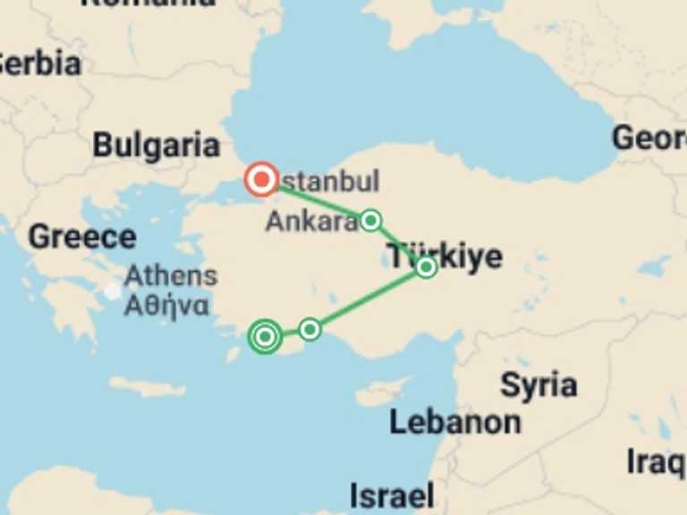 Map itinerary of Europe Tour in May 2026 with 5 destination visits for the trip: Journey Across Turkey - 10 days