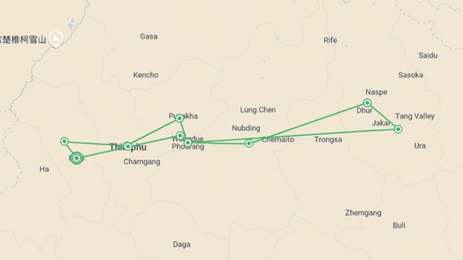 A map showing the tour itinerary for the trip: Bhutan Explorer & Paro Tshechu Festival, starting in Paro, Bhutan and ending in Paro, Bhutan going through 7 other destinations.