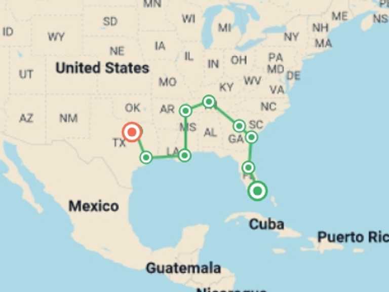 Map itinerary of USA Tour in December 2026 with 9 destination visits for the trip: USA: Miami to Dallas Road Trip
