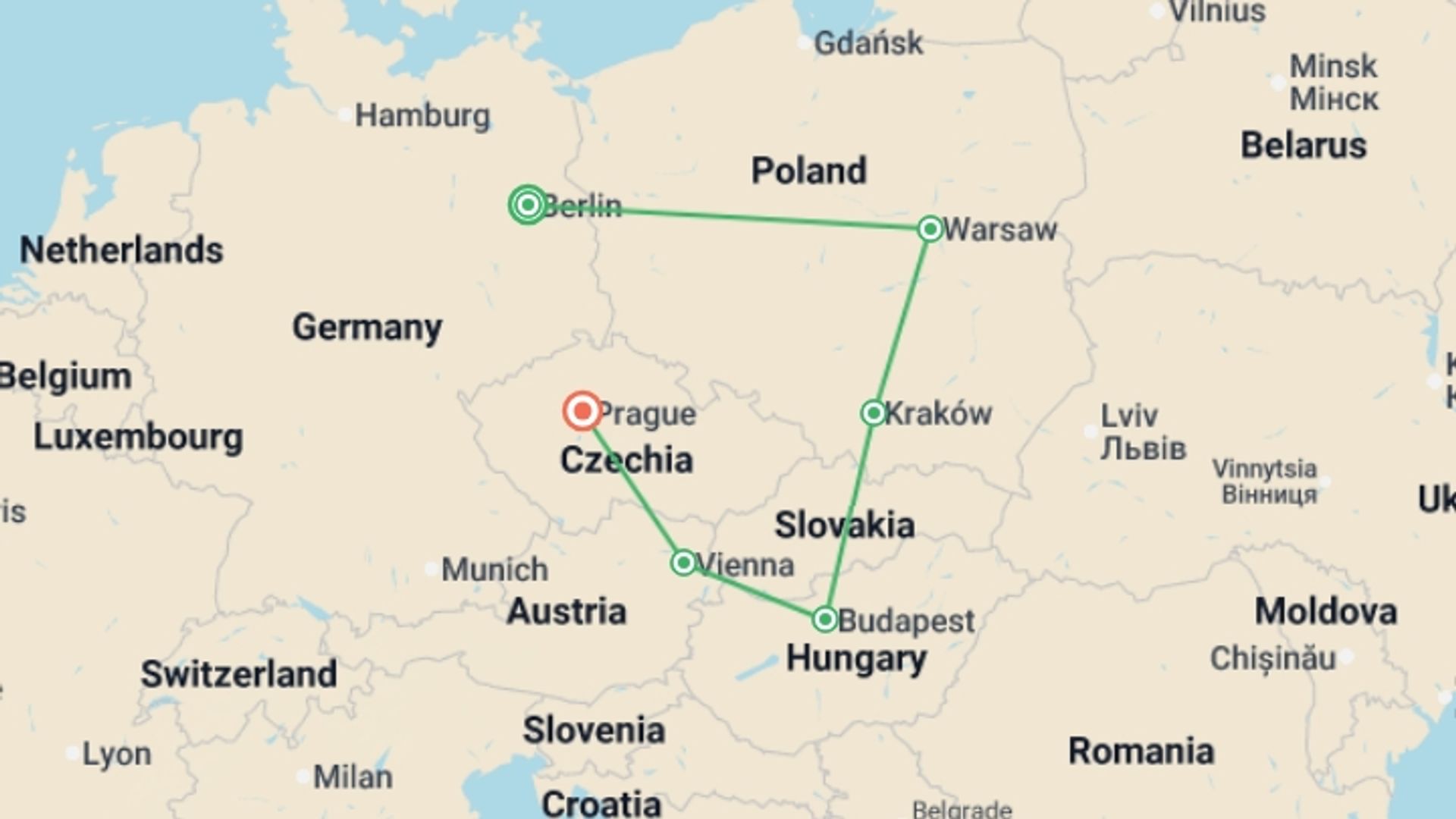 A map showing the tour itinerary for the trip: Bohemian Highlights, starting in Berlin, Germany and ending in Prague, Czech Republic going through 6 other destinations.