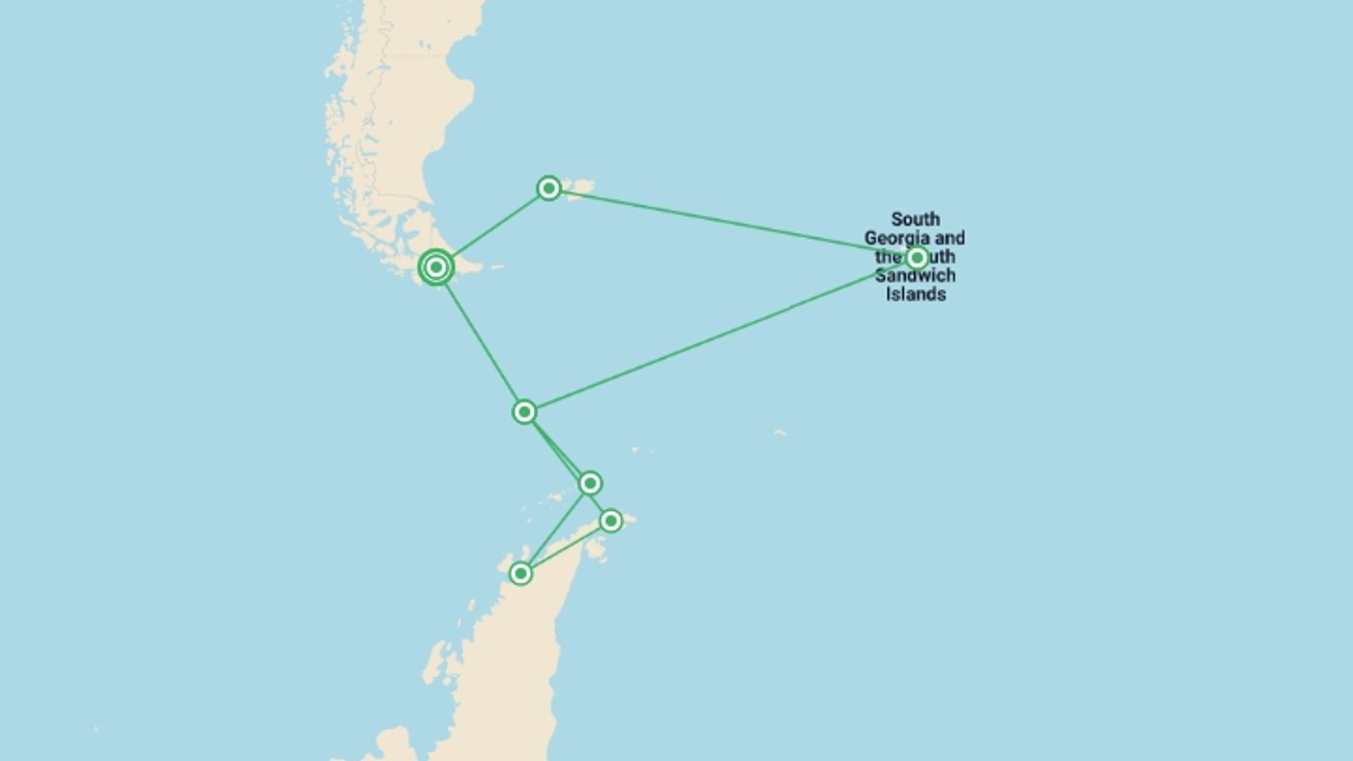 A map showing the tour itinerary for the trip: Falklands, South Georgia and Antarctica - M/V Ocean Victory, starting in Ushuaia, Argentina and ending in Ushuaia, Argentina going through 6 other destinations.