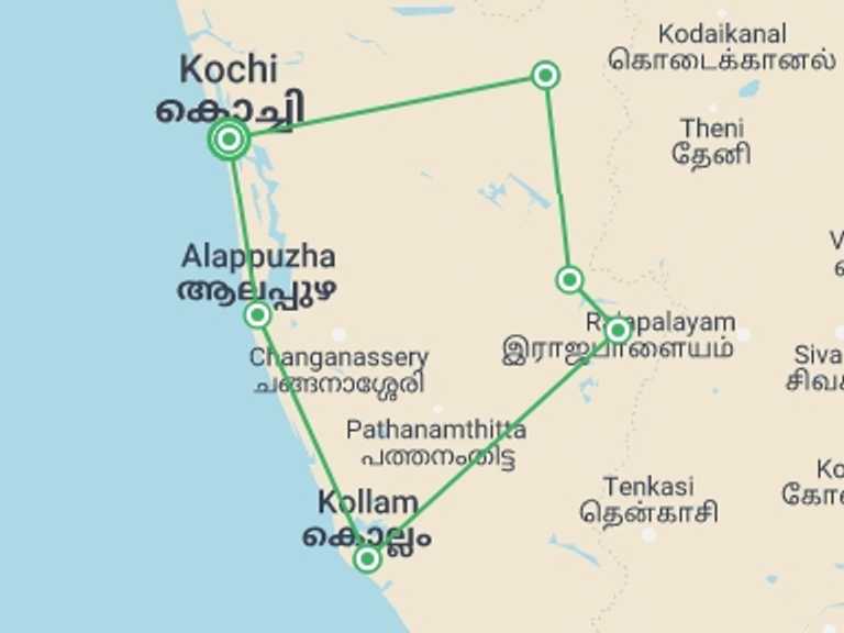Map itinerary of Kerala & Tamil Nadu Tour in Fall with 7 destination visits for the trip: A Heaven Called Kerala