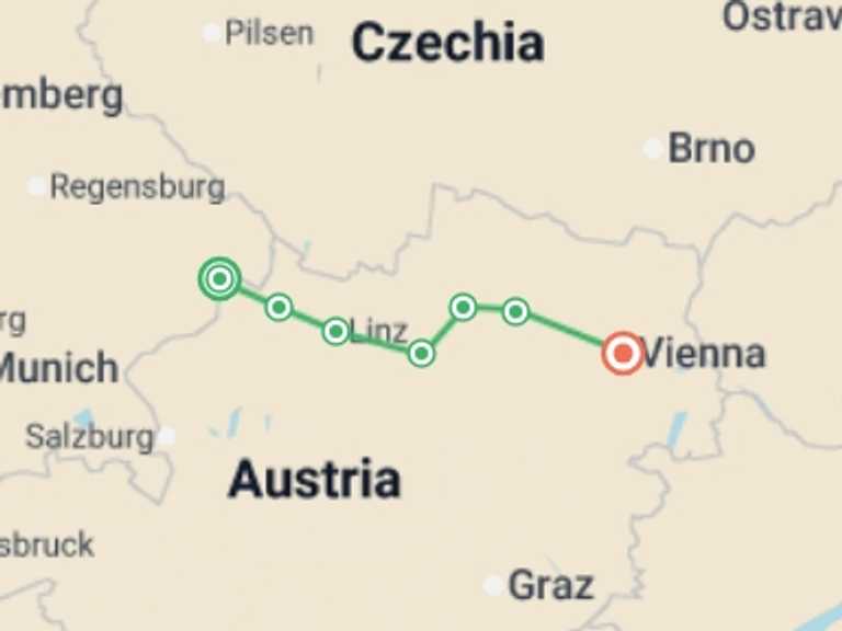 Map of Austria and Germany Tour with 7 destination visits for the trip: Blue Danube Cycle to Vienna in Comfort