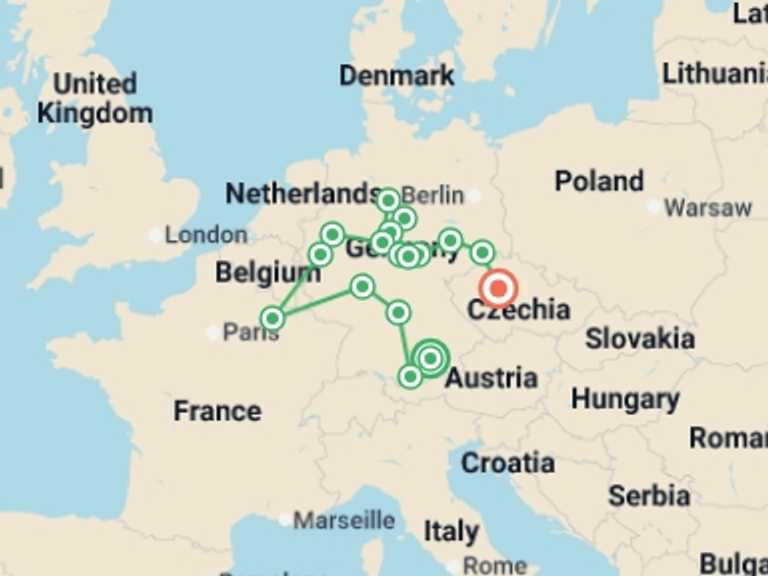 Map itinerary of Europe Tour in July 2026 with 7 destination visits for the trip: From Bavaria to Prague