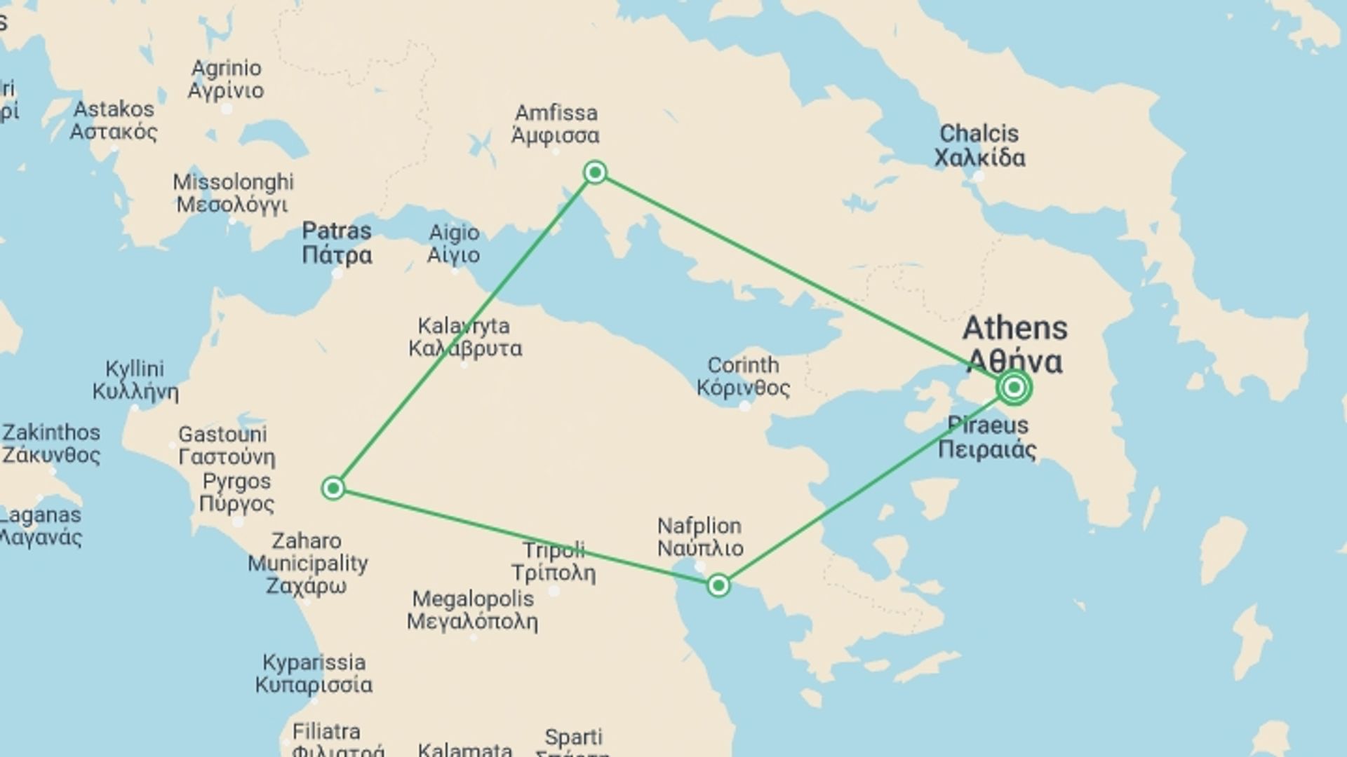 A map showing the tour itinerary for the trip: Classical Greece, Self-drive, starting in Athens, Greece and ending in Athens, Greece going through 3 other destinations.