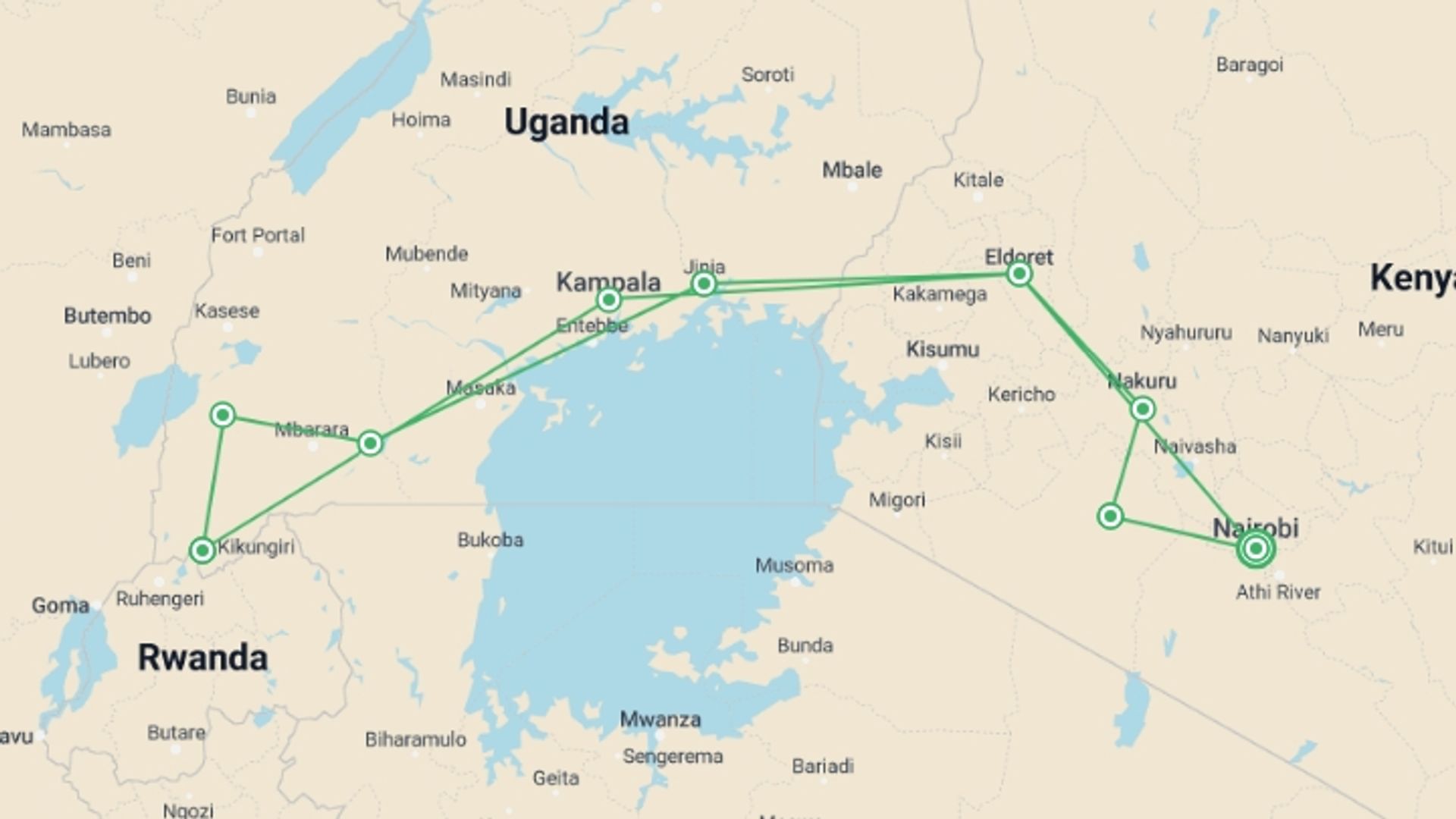 A map showing the tour itinerary for the trip: Kenya to Uganda Overland Safari with Participation Camping, starting in Nairobi, Kenya and ending in Nairobi, Kenya going through 8 other destinations.