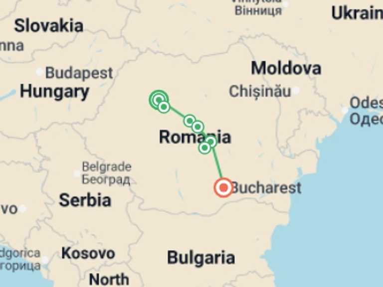 Map itinerary of Bucharest Tour in October 2026 with 5 destination visits for the trip: Halloween in Transylvania (Southbound)